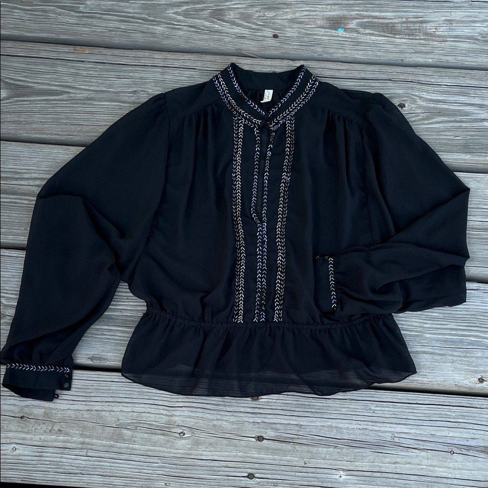 Free People Black Blouse with Embroidered Accents